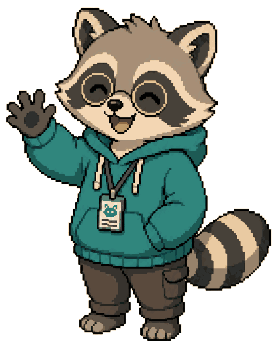 Byte the raccoon waving hello